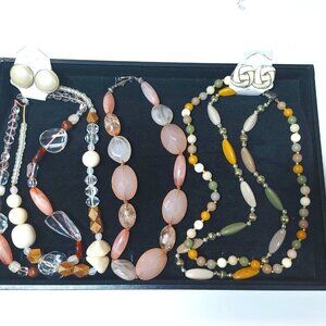 Set 3 Vintage Faux Stone Lucite Beaded Necklaces Earrings Gold Tone Multi Strand